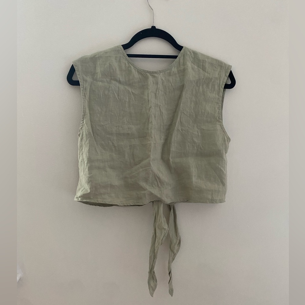 Whimsy + row sage green Valentina top - 100% linen tie crop top